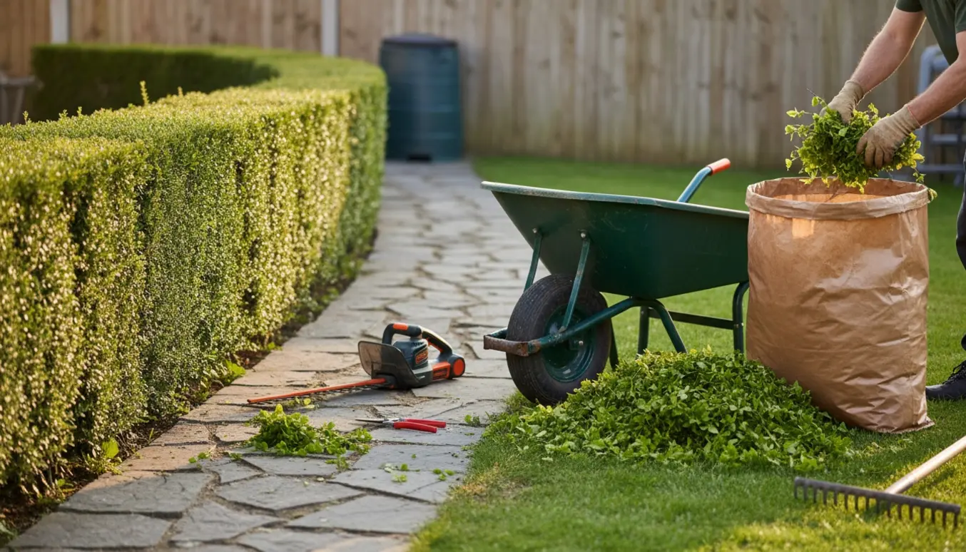 Nyklippede hækafklip bliver samlet i en haveaffaldssæk ved en nytrimmet hæk.