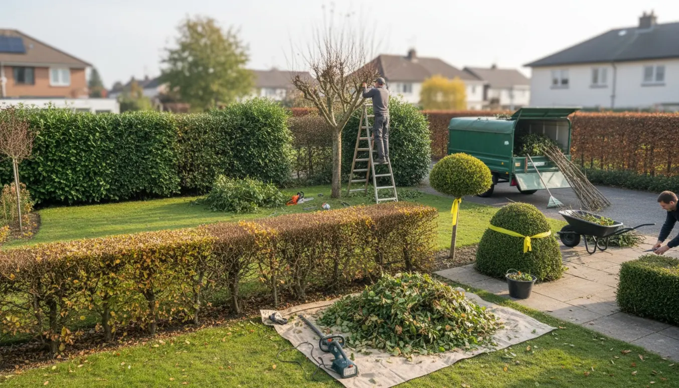 Professionelle klipper hække og forbereder fjernelse af en lille busk og træ i en solrig have.