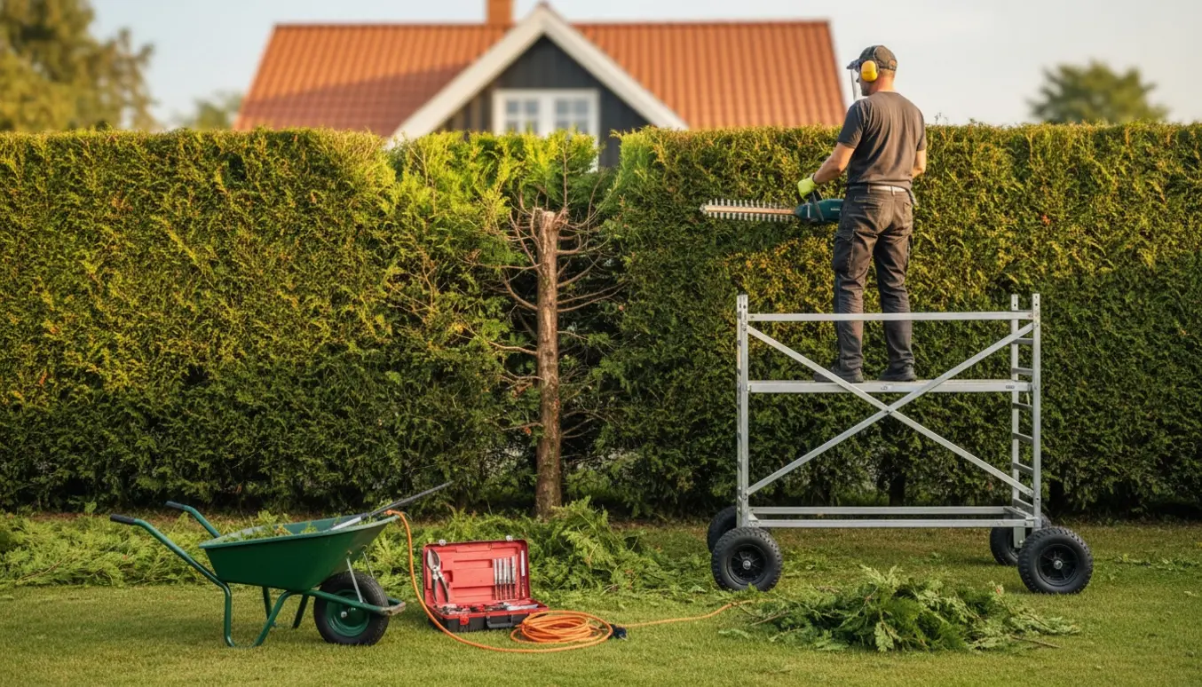 Rullestillads og person set bagfra klipper en 3 m høj cypreshæk med bunker af friske afklip på græsset.