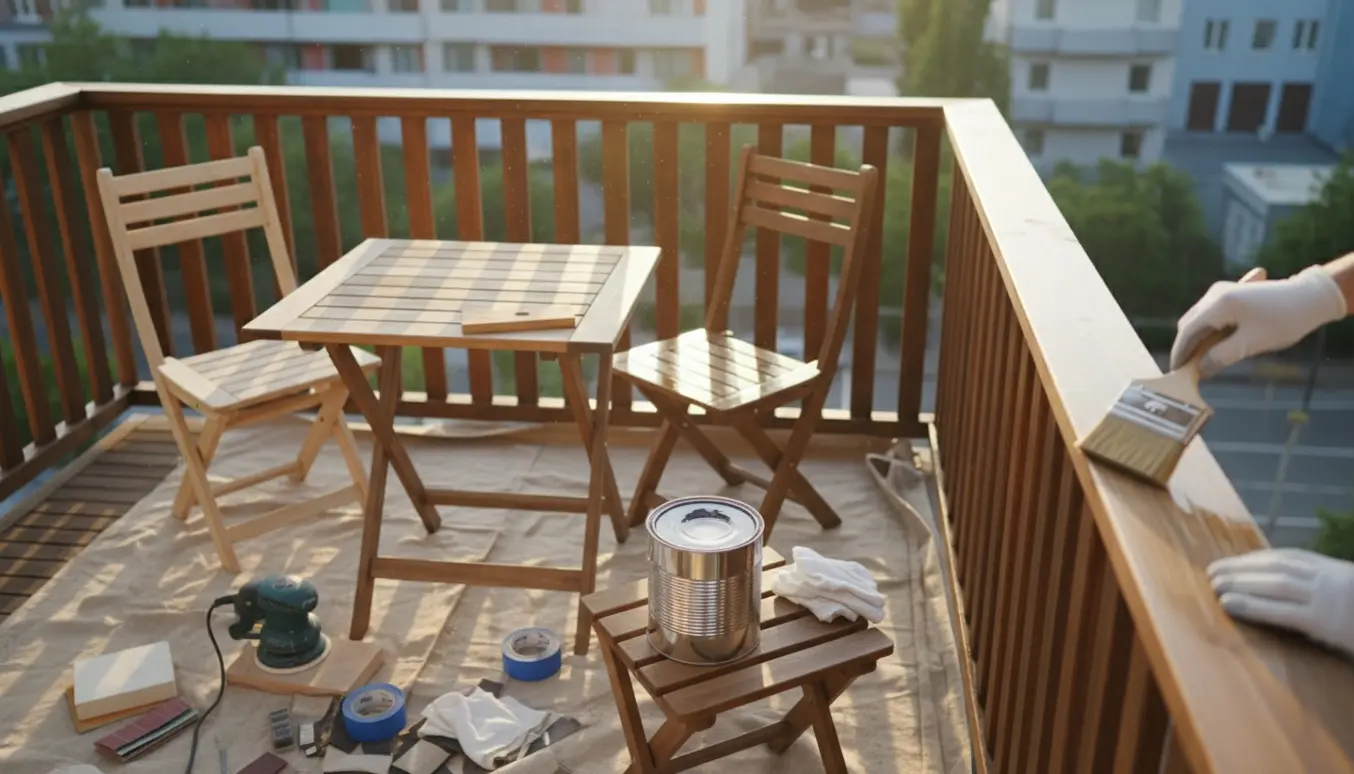 Nærbillede af slibning og lakering af et lille altanbord, to stole og et trægelænder i varmt dagslys.