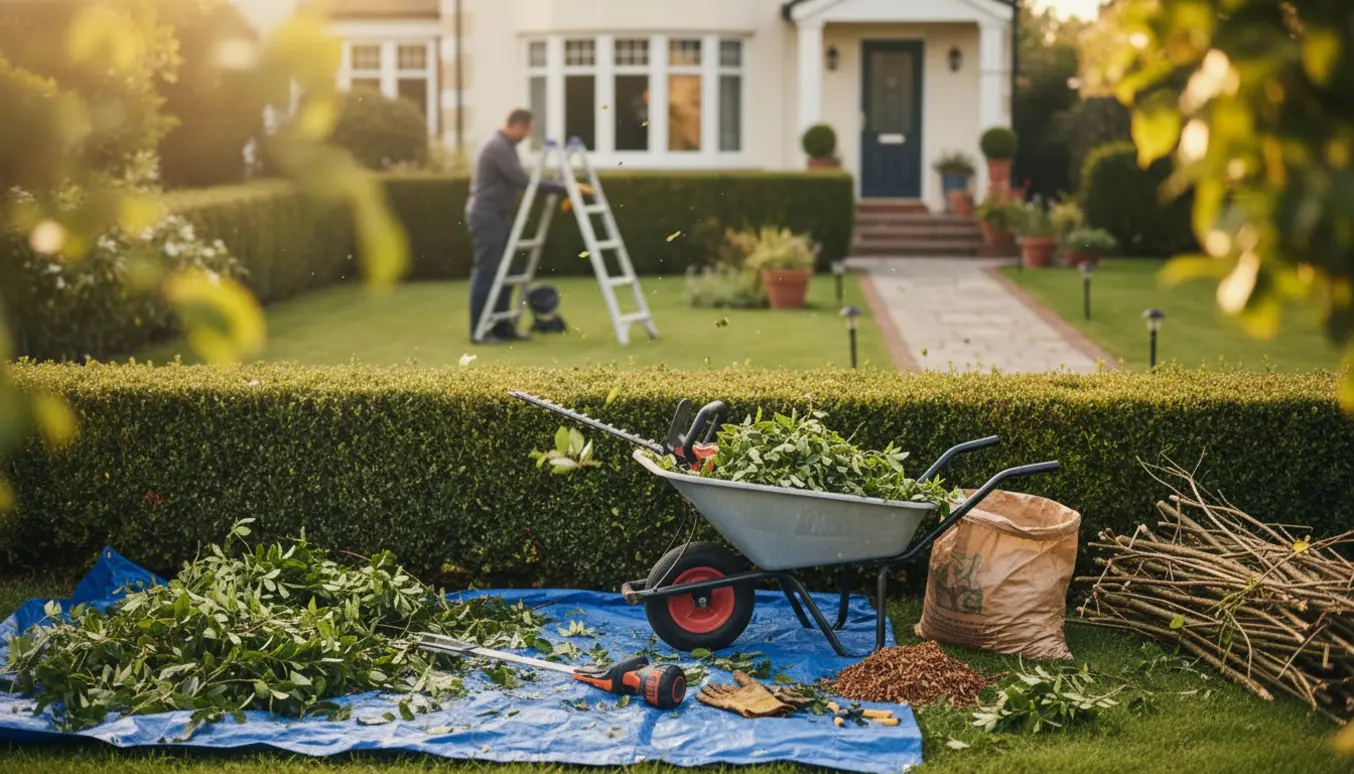 Overgroet forhave under oprydning med hækkeklipper, grensaks og en trillebør fyldt med afklip.