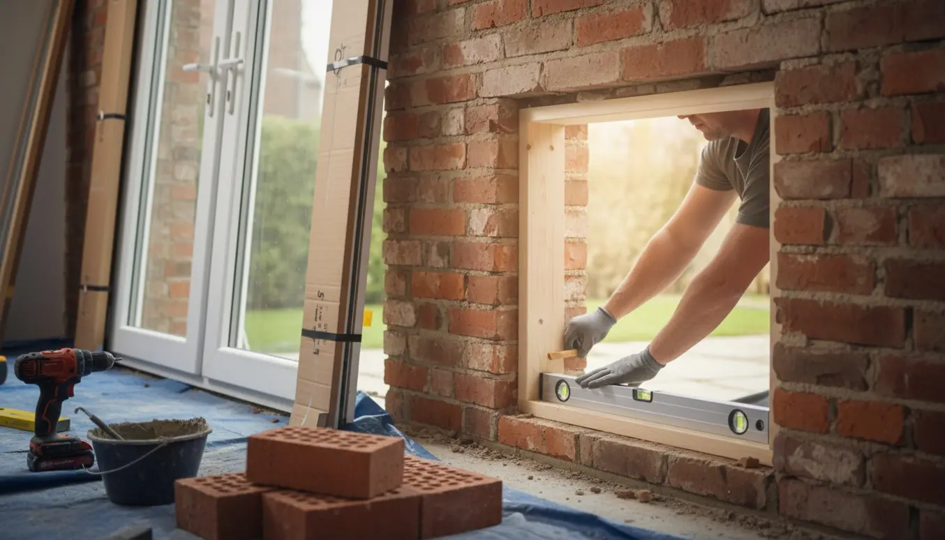 Ny dobbelt terrassedør omhyggeligt monteret i en nyligt åbnet hulmur med værktøj og hands-on arbejde uden ansigter.