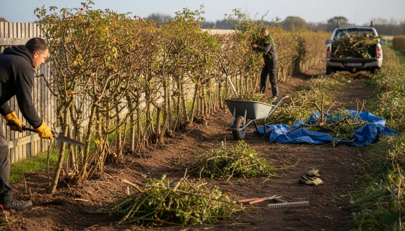 Delvist fjernet hybenhæk med stabler af afskårne grene, en enkelt tilbageværende række og en trillebør.