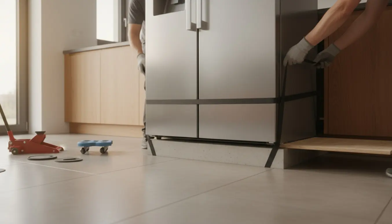 Hænder fører en træplade ind under et tungt køleskab i et lyst, moderne køkken.