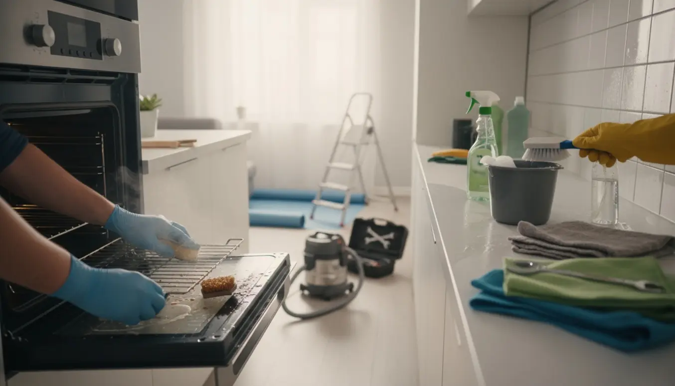 Hænder i gummihandsker renser ovn og afkalker fliser i et lyst køkken med værktøj i baggrunden.