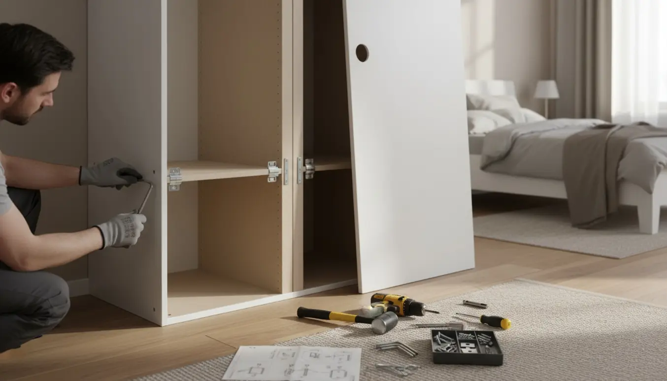 Halvfærdigt Kleppstad Ikea-skab i et lyst rum med værktøj og monteringsdele på gulvet.