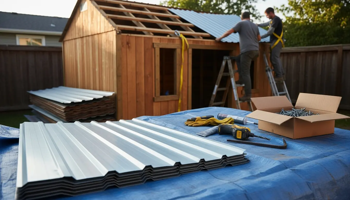 Nyt trapeztag monteres på et skur med værktøj og materialer i fokus, uden synlige ansigter.