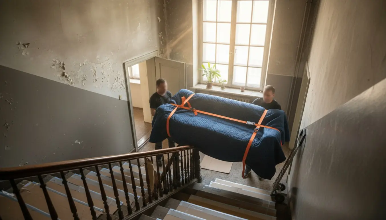 To personer bærer en to meter sofa ned ad trappen i en lejlighedsopgang, pakket ind i flyttetæpper.