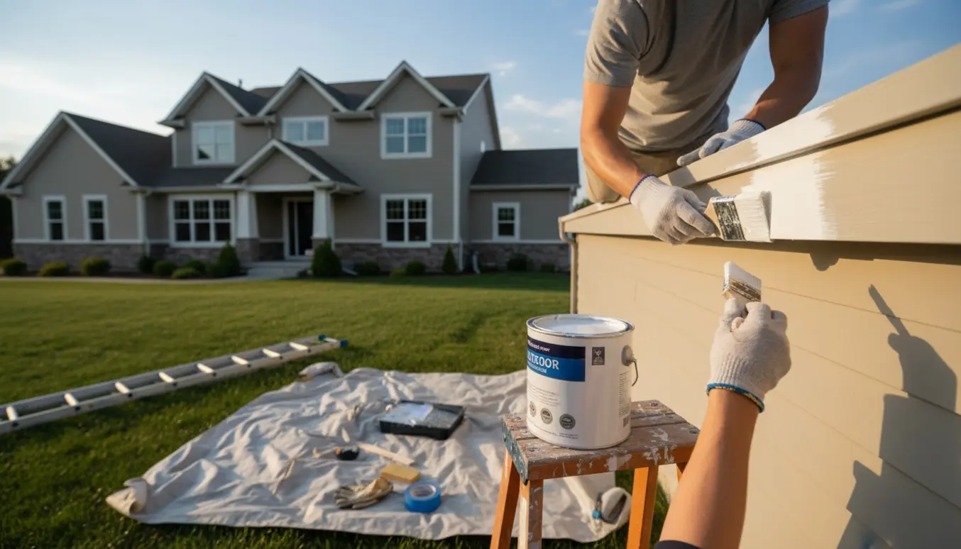 Person maler træsternbrædder på en gavl fra en lav stige med malerbøtte og afdækning.