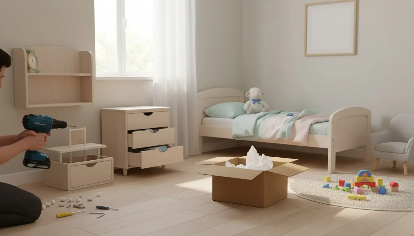 Børneværelse under indretning med delvist samlede møbler, værktøj og legetøj i naturligt dagslys.