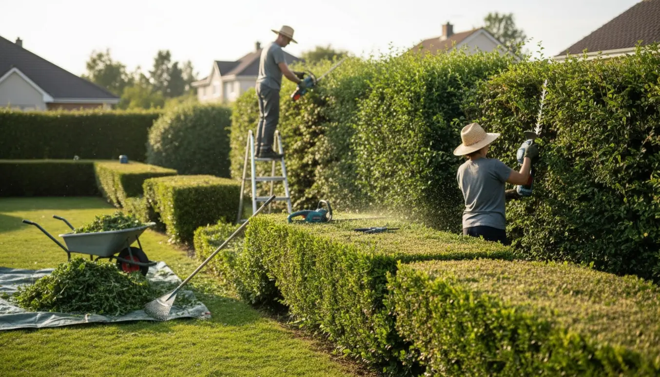 Gartnere trimmer en bugtet ligusterhæk og en høj tjørnehæk i en have, værktøj og afklip ligger klar.