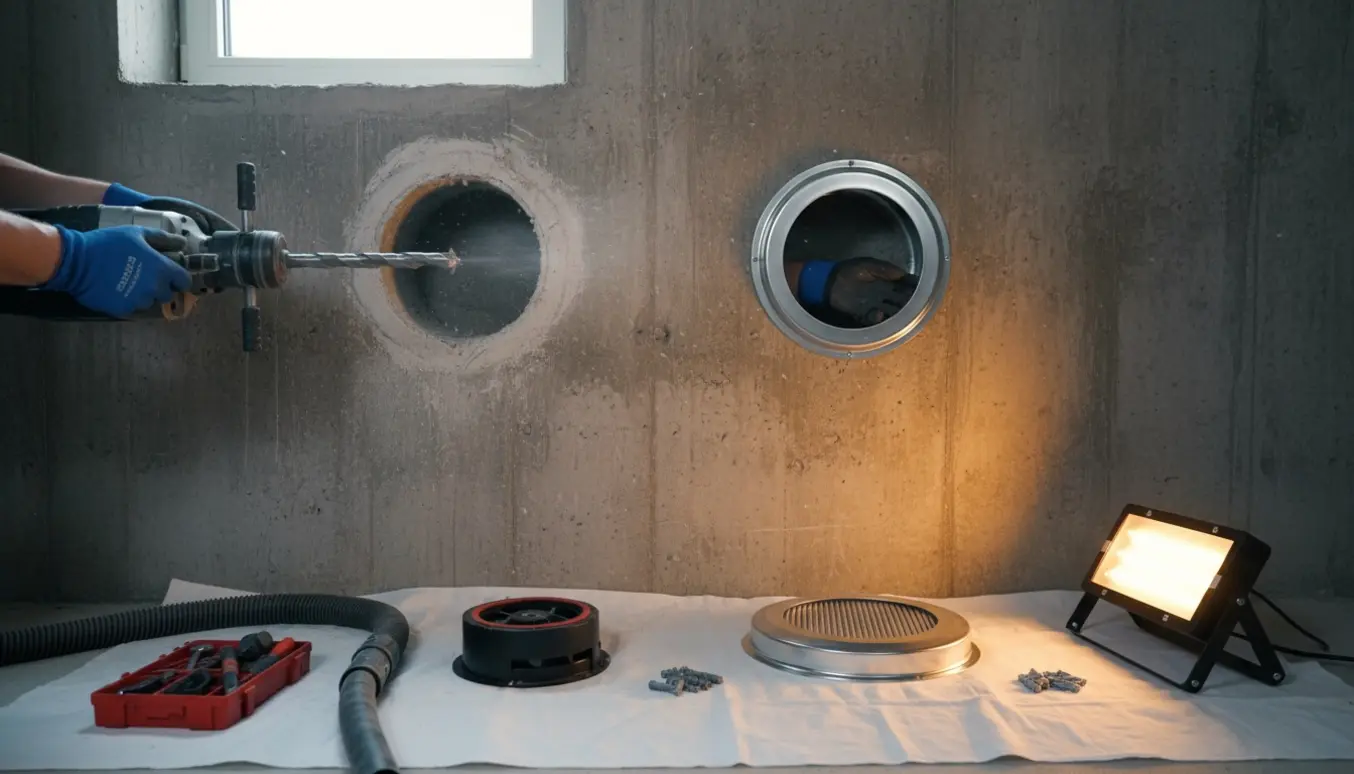 Hænder borer et 170 mm hul i kældervæg og tilpasser en ventilator og en rist.