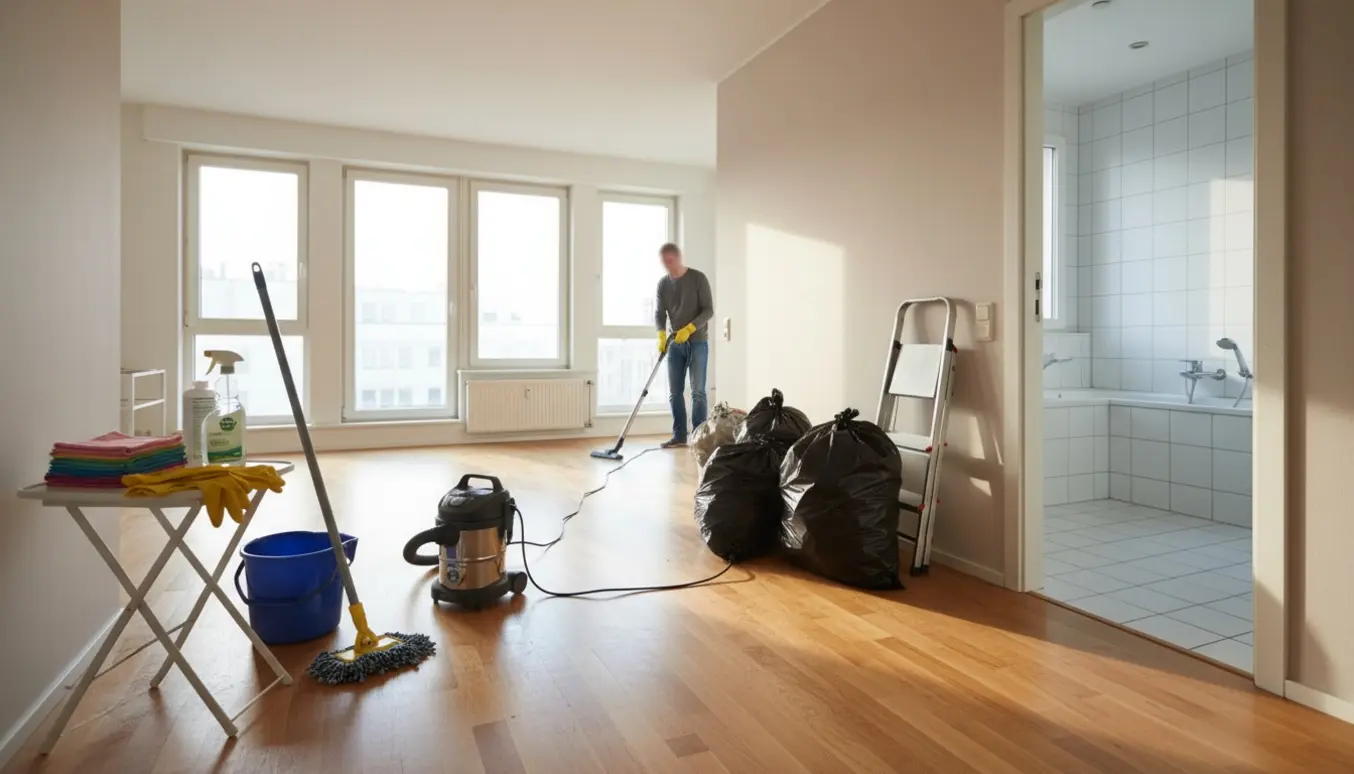 Professionelle rengøringsredskaber i en lys, delvist tømt 70 m² lejlighed under grundig rengøring.