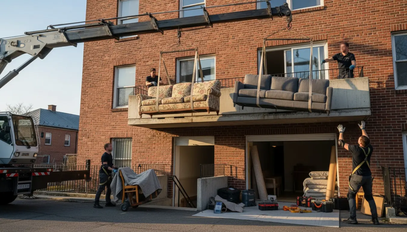 En kran løfter en sofa via en altan, mens flyttemænd guider den ned og to stole bæres ud fra kælderen.