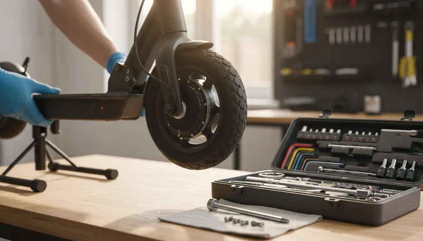 Nærbillede af montering af punkteringsfrit forhjul på en el-løbehjul med værktøj i baggrunden.