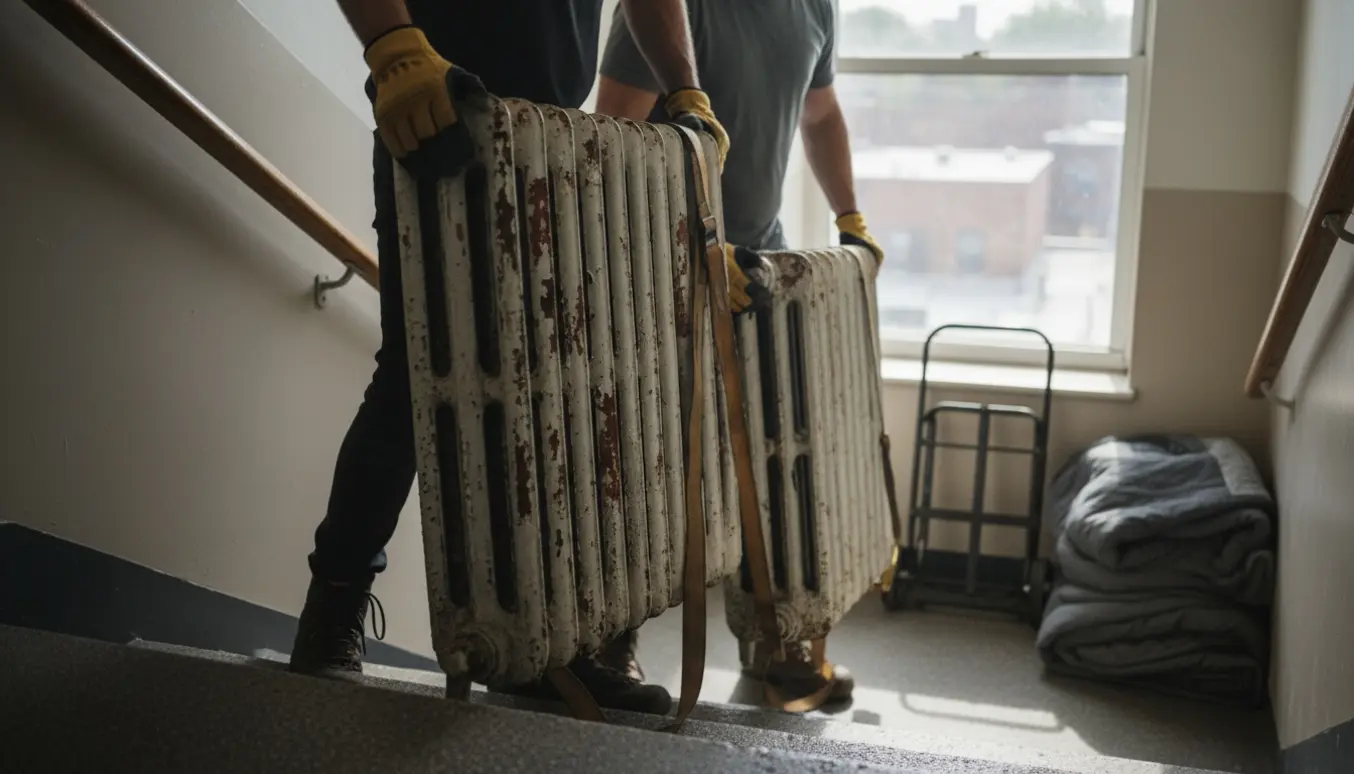To personer bærer gamle støbejerns radiatorer ned ad en opgangstrappe fra femte sal.
