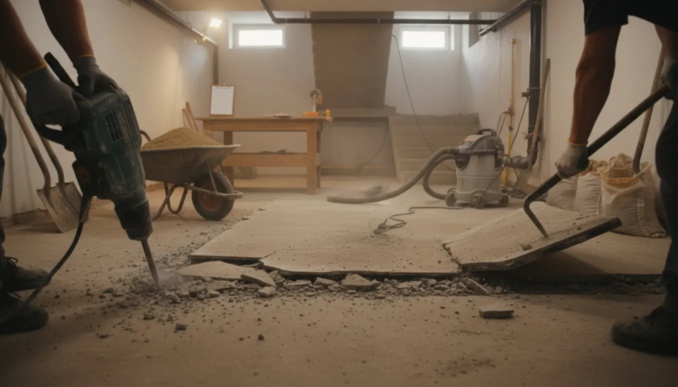 Kælder hvor et tyndt betonlag bliver banket op og sand og grus fjernes med værktøj og trappe i baggrunden.