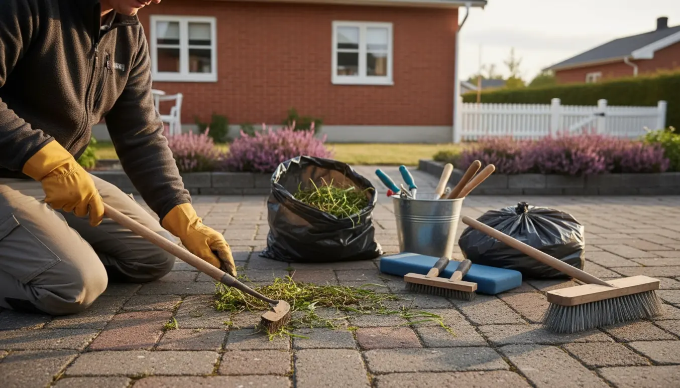 Nærbillede af hænder, der fjerner ukrudt mellem fliser foran et parcelhus med affaldssække klar.
