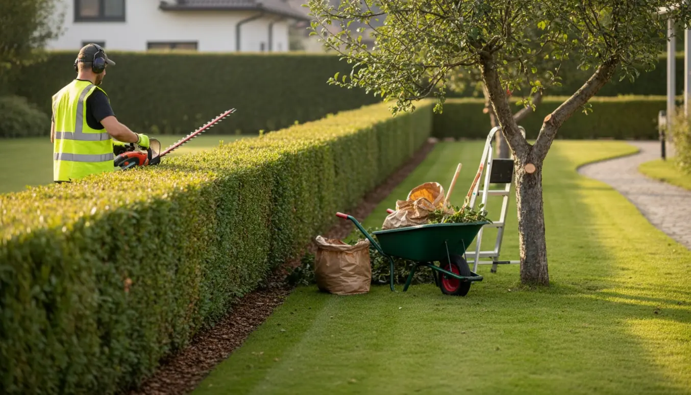 Havemand klipper en hæk i en lille forhave med bjerge af grønt affald og redskaber i nærheden.