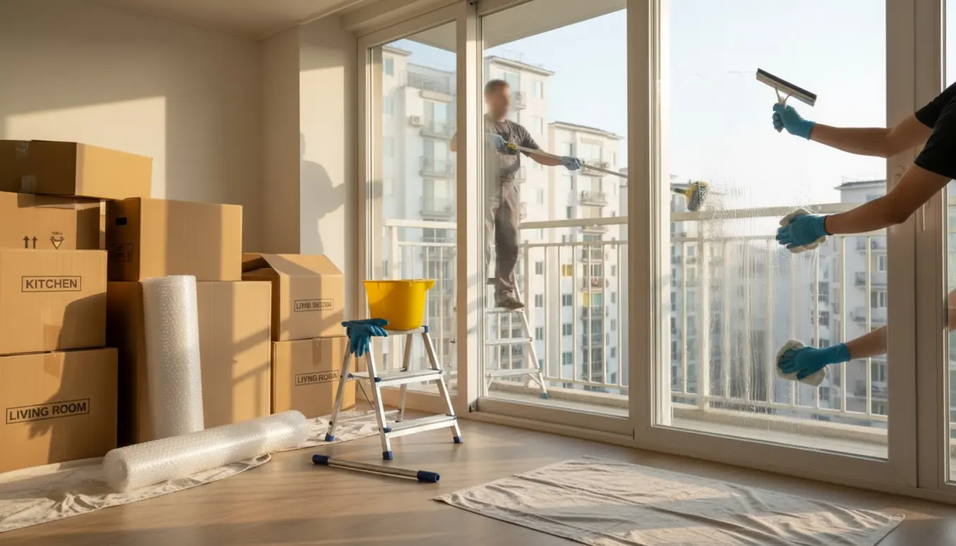 Hænder pudser vindue i en solfyldt lejlighed med flyttekasser under fraflytning.