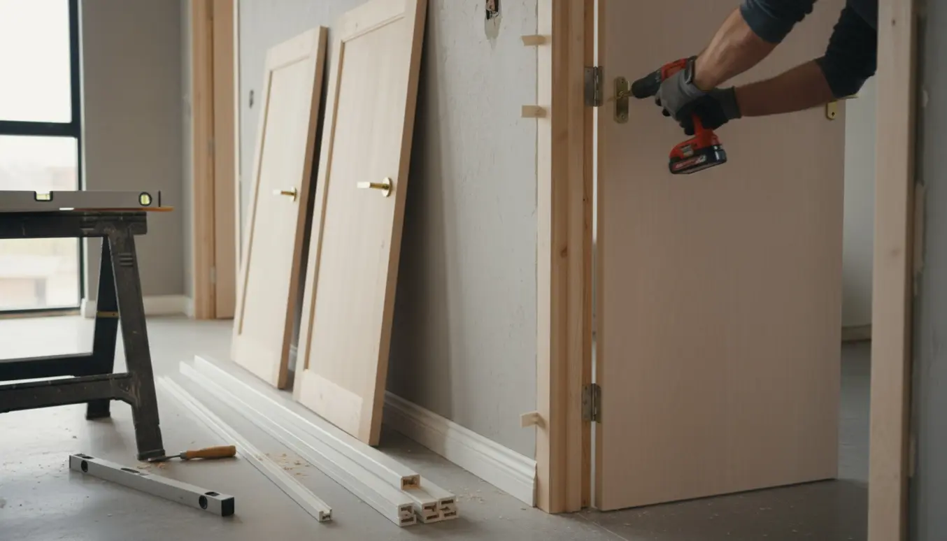Par hænder monterer en indvendig dør i en gang med nye karme, gerigter og værktøj klar.
