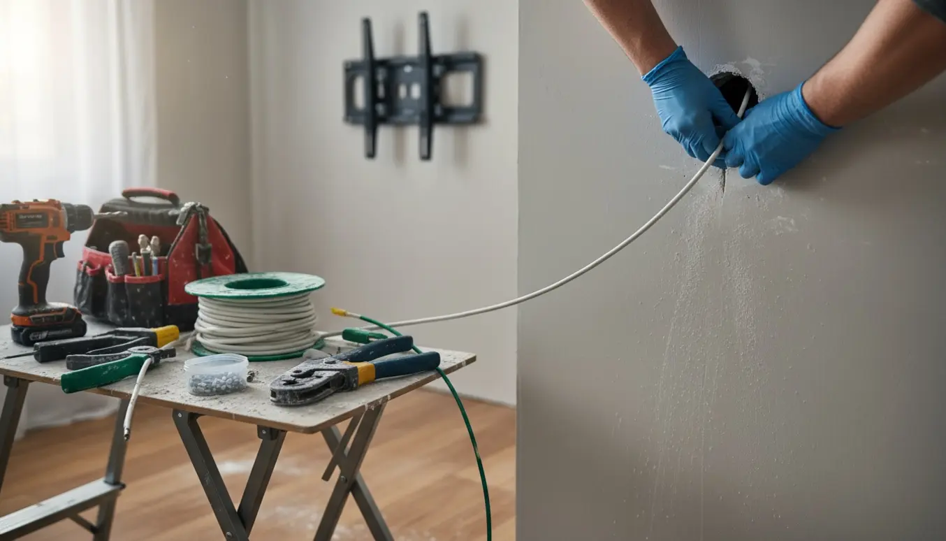 Hænder trækker et koaksialkabel gennem en væg og forbereder et nyt TV-antenne-stik i en lys lejlighed.