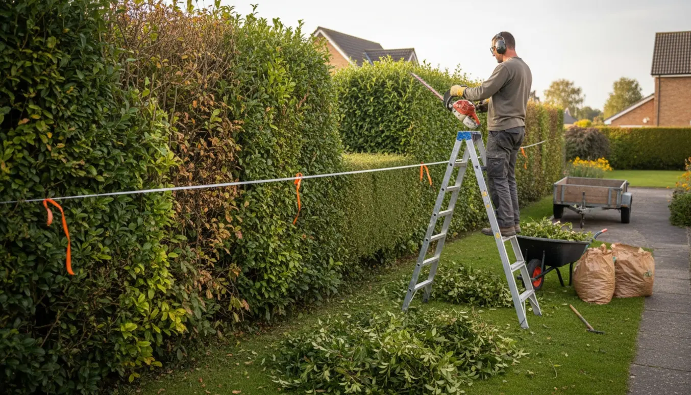 Lang hæk ved nabogrænse, toppen er klippet ned og afklip samlet i trillebør og affaldsposer.