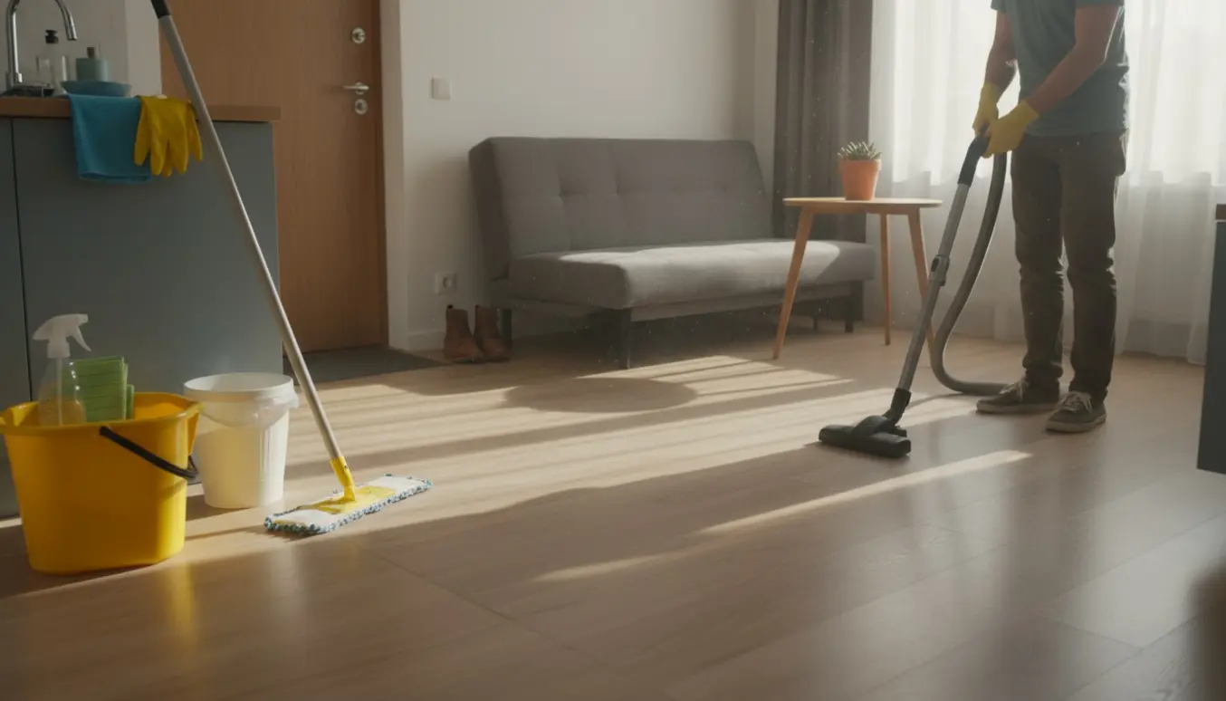 Hænder støvsuger et lyst trægulv i en lille etværelses lejlighed med moppe og rengøringsudstyr i naturligt lys.