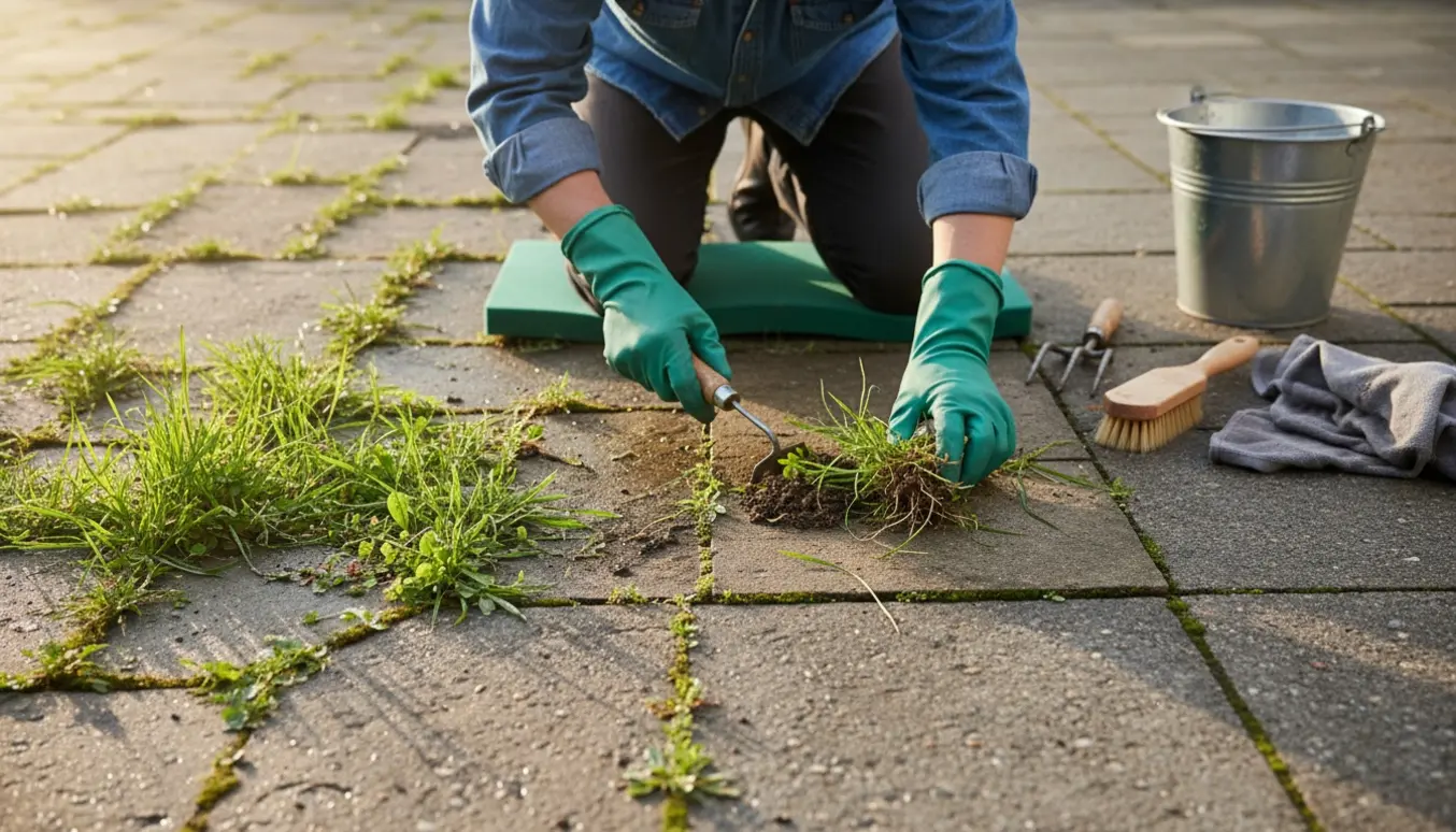 Hænder i havehandsker fjerner ukrudt mellem fliser på en terrasse med værktøj og en spand.