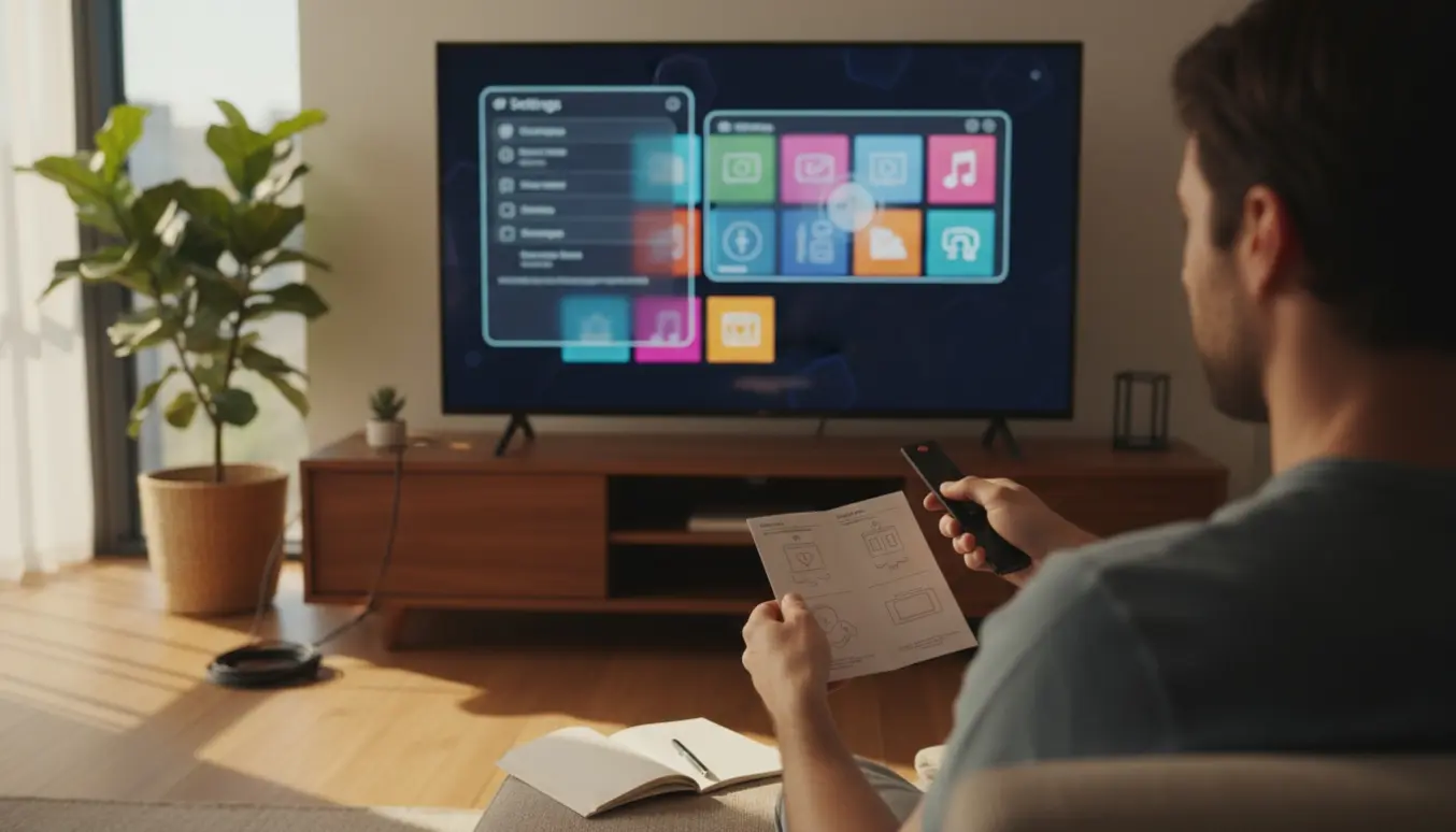 Et smart-tv viser indstillingsmenuer mens en hånd peger med fjernbetjeningen i en lys, moderne stue.