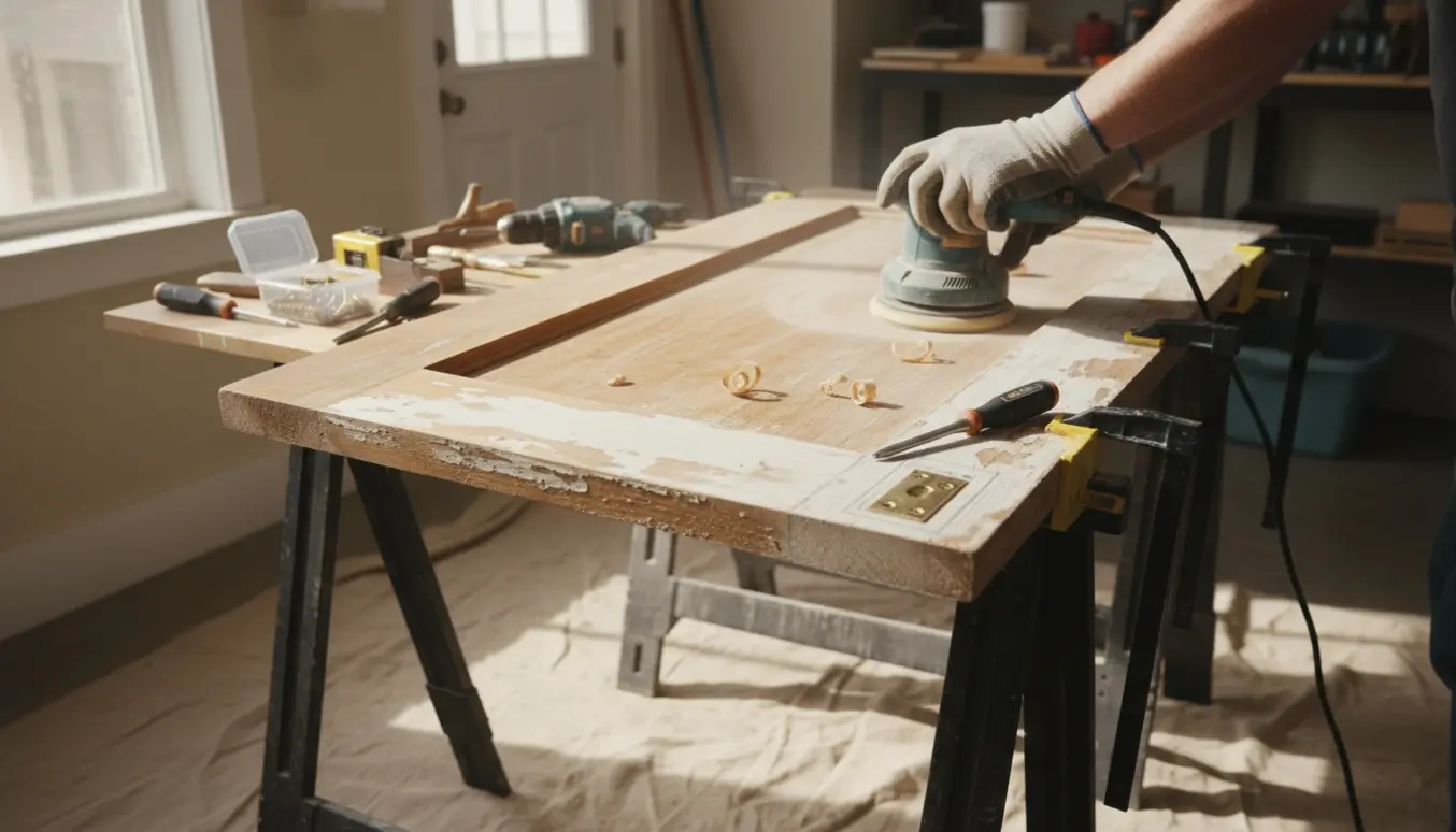 Gammel trædør på bukke bliver slebet med en elektrisk sliber og forberedes til montering.
