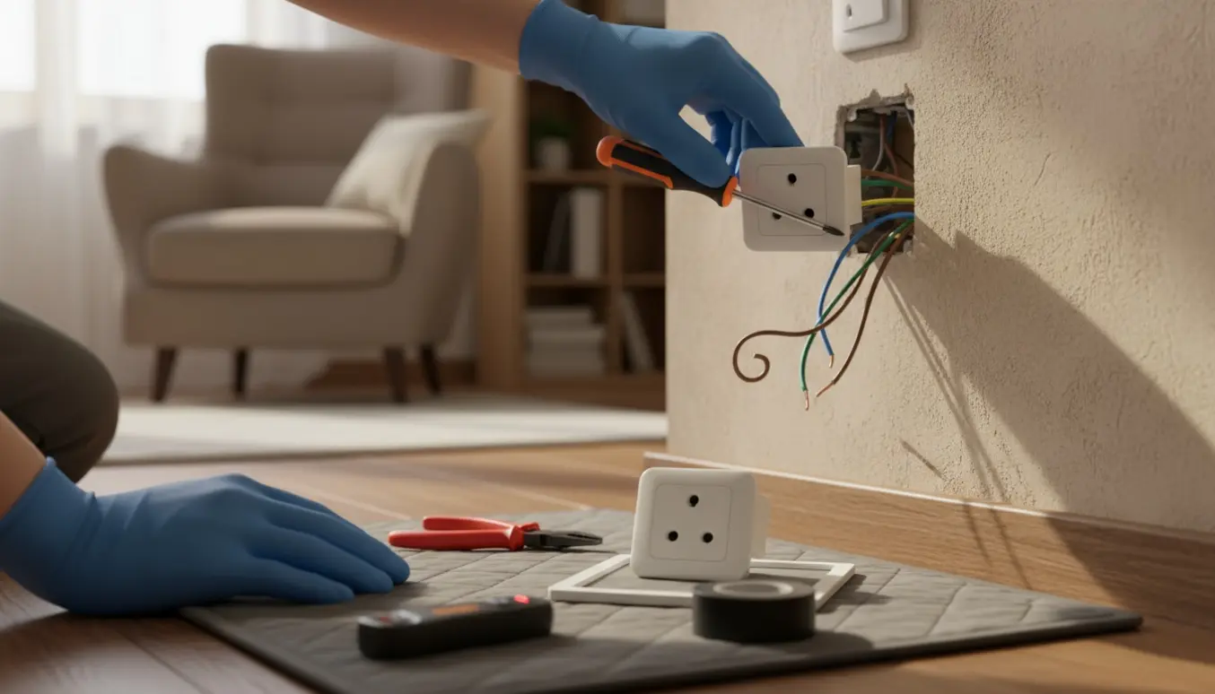 Hænder i handsker udskifter en løs stikkontakt med nyt udtag og værktøj på en væg.