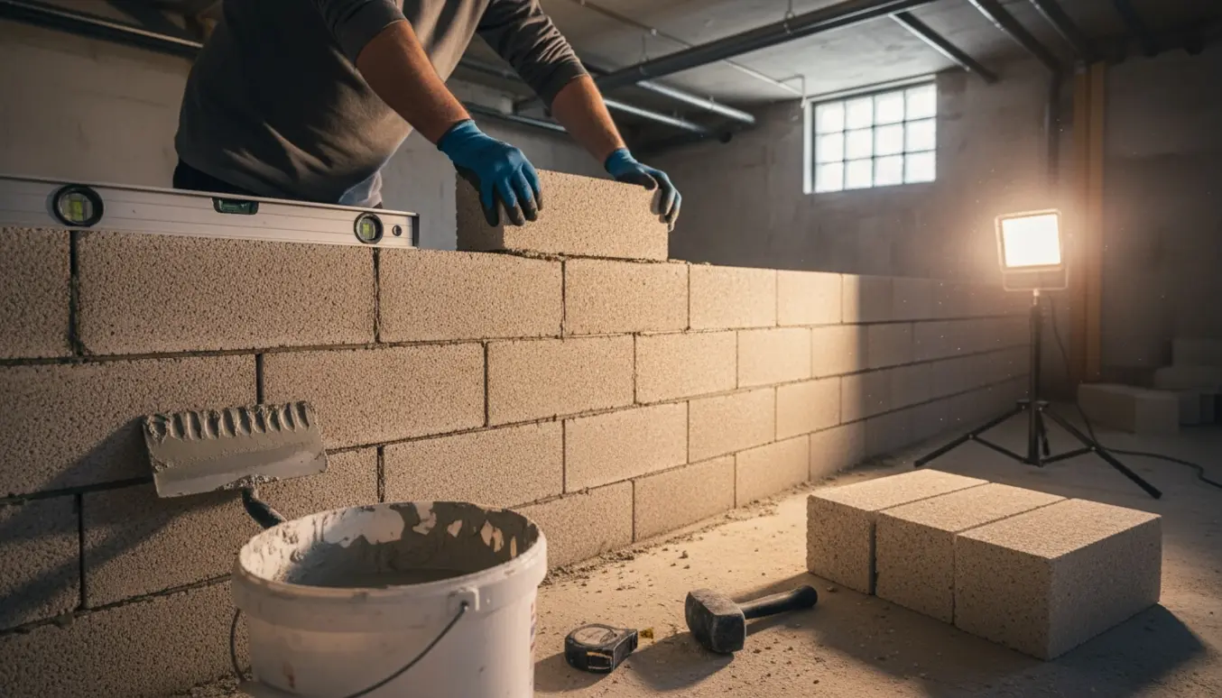 Hænder i handsker placerer en gasbetonblok i en kælder med værktøj og mørtel omkring.