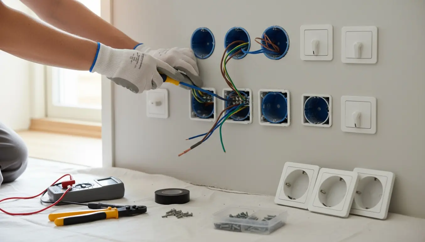 Nærbillede af hænder, der tilslutter lampeudtag, lysdæmpere og stikkontakter i indmuringsdåser.