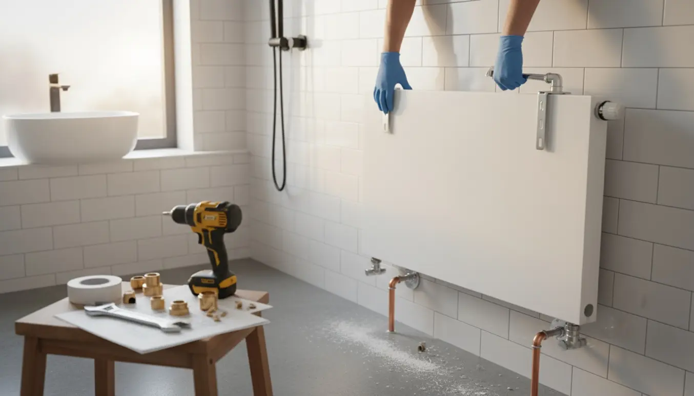 Hænder monterer en ny radiator i et lyst badeværelse med værktøj og rør i forgrunden.