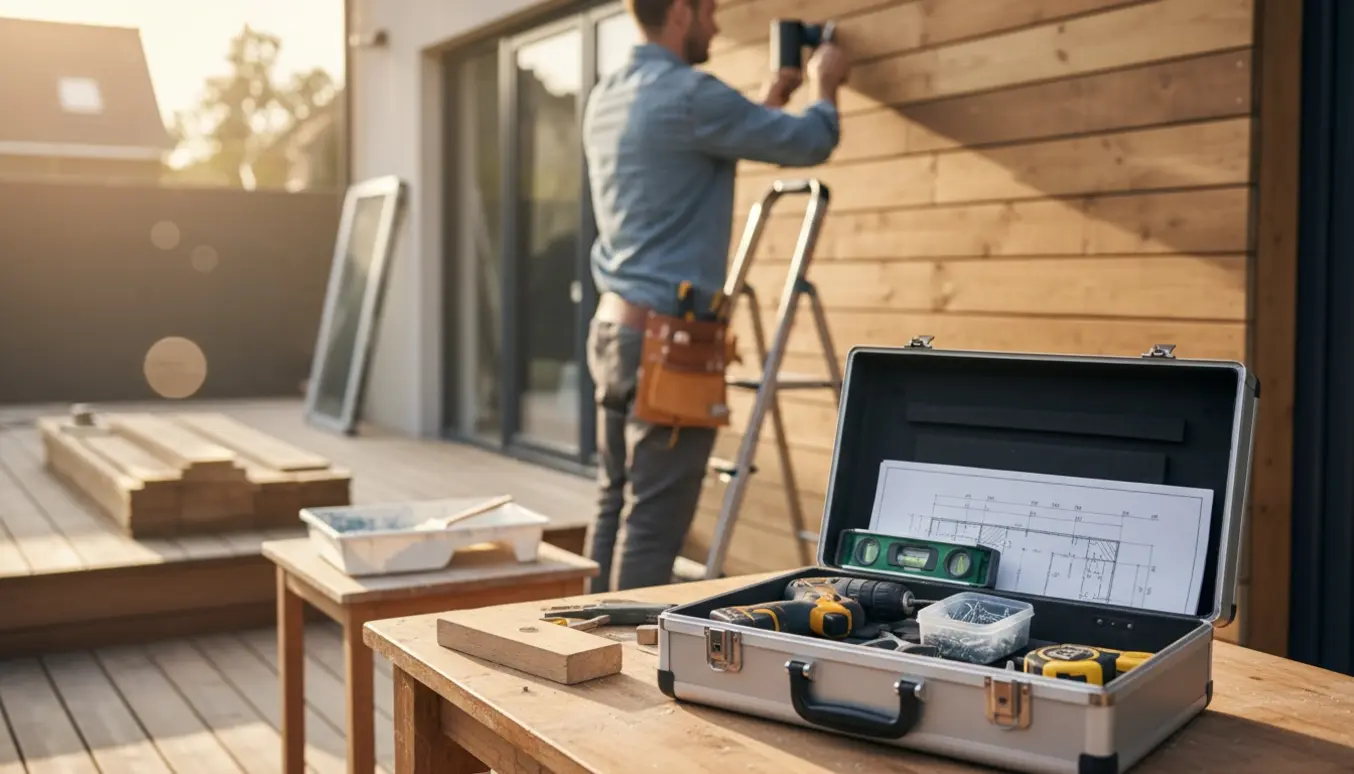 Håndværker set bagfra ved en stige med værktøj på et arbejdsbord og en halvfærdig træterrasse i baggrunden.