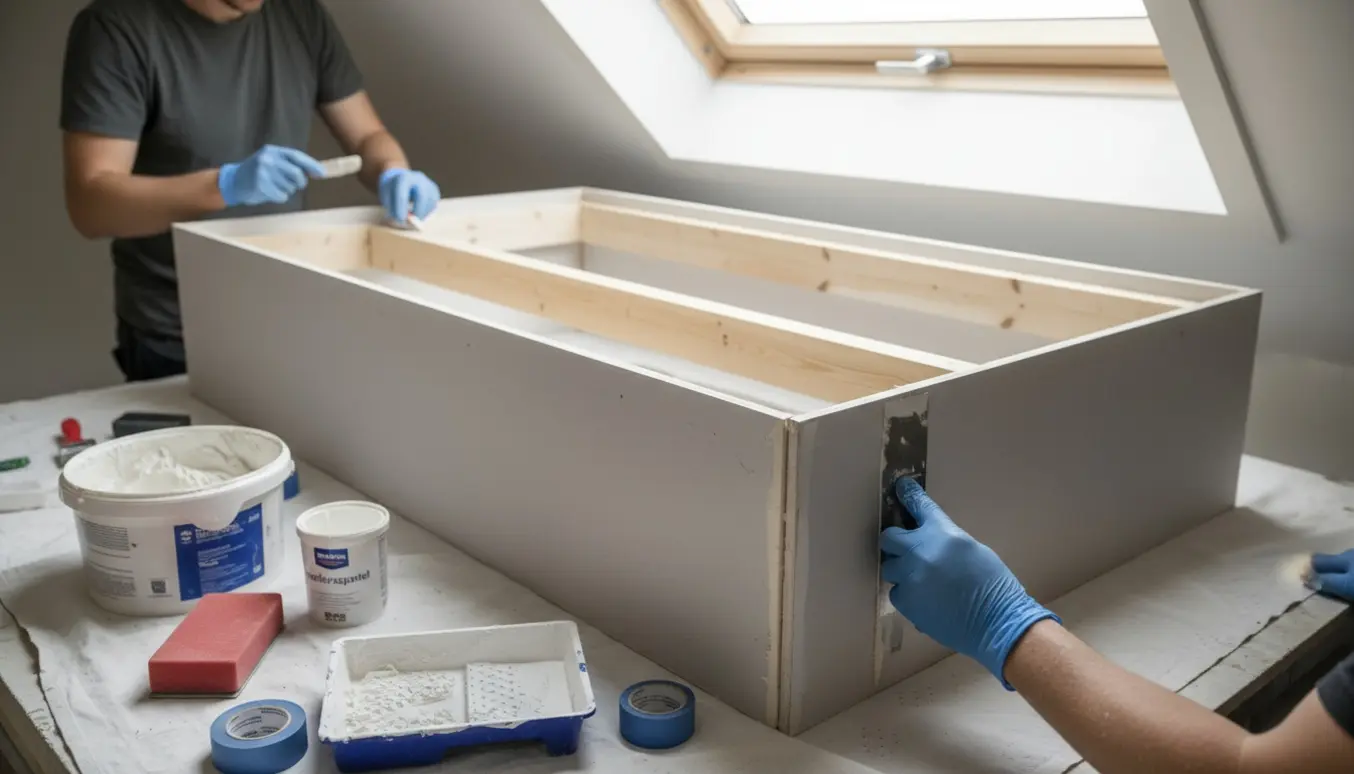 Nærbillede af en lyskasse i hjemmet, hvor hænder spartler og maler Fermacell-paneler hvide.