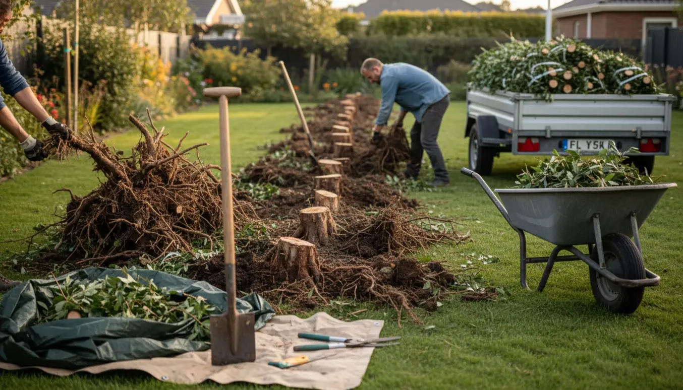 Fjernelse af hæk i en solbelyst have med eksponerede rødder, trillebør og trailer.