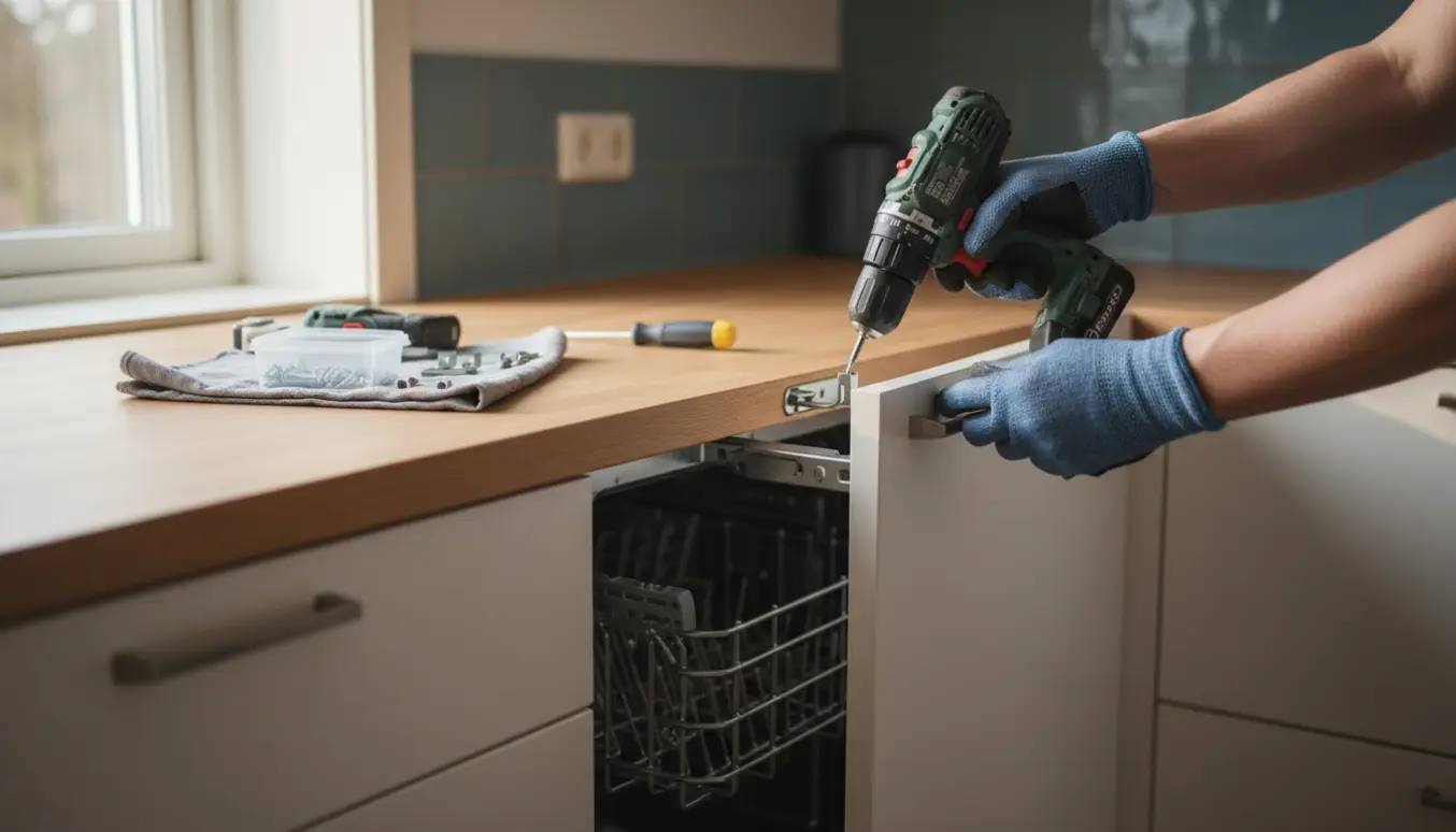 Hænder skifter låge på en indbygget opvaskemaskine i et lyst skandinavisk køkken.