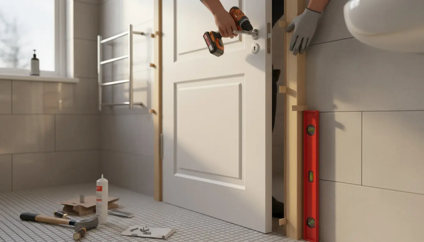 Montering af dørkarm og badeværelsesdør med værktøj og hænder i arbejde.