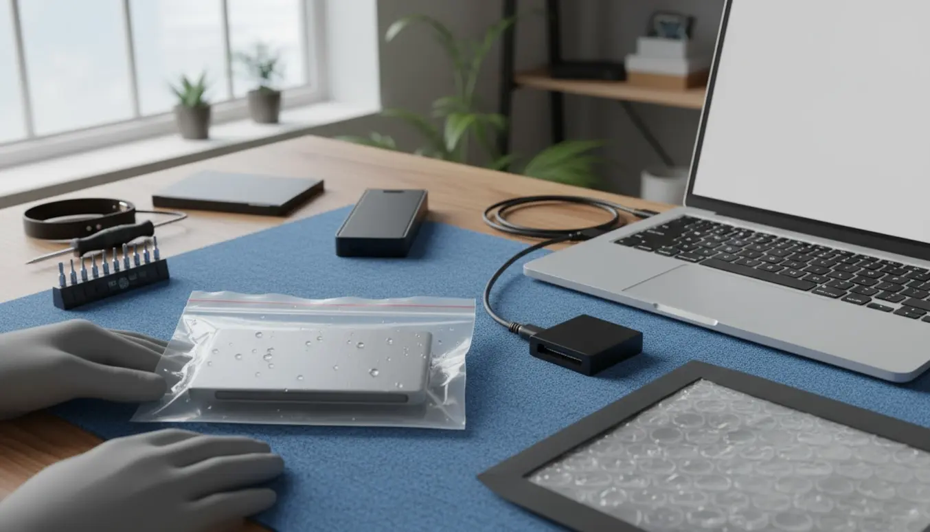 Våd ekstern SSD i plastpose på et arbejdsbord med laptop, adaptere og pakkemateriale klar til dataredning.