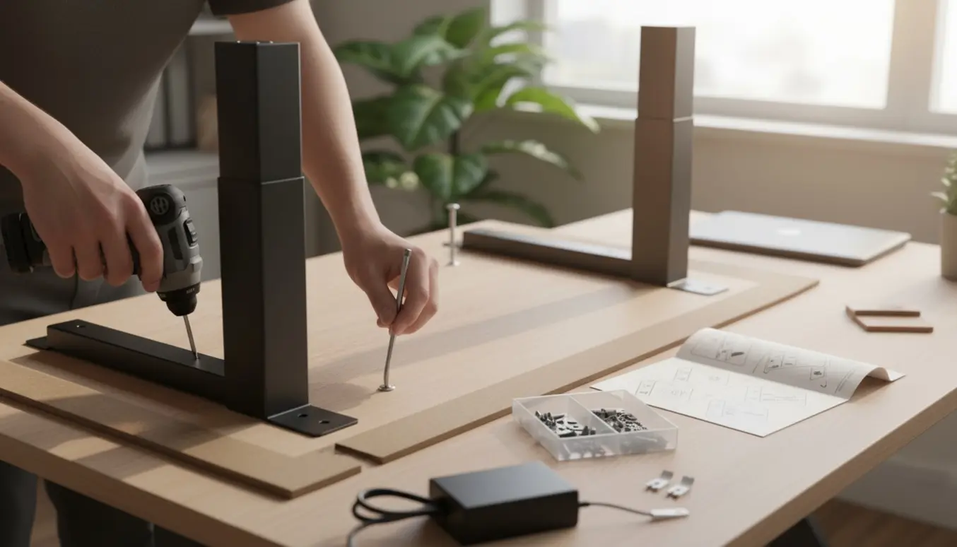 Hævesænkebord under samling med hænder, skruer og metalstel i et lyst hjemmekontor.