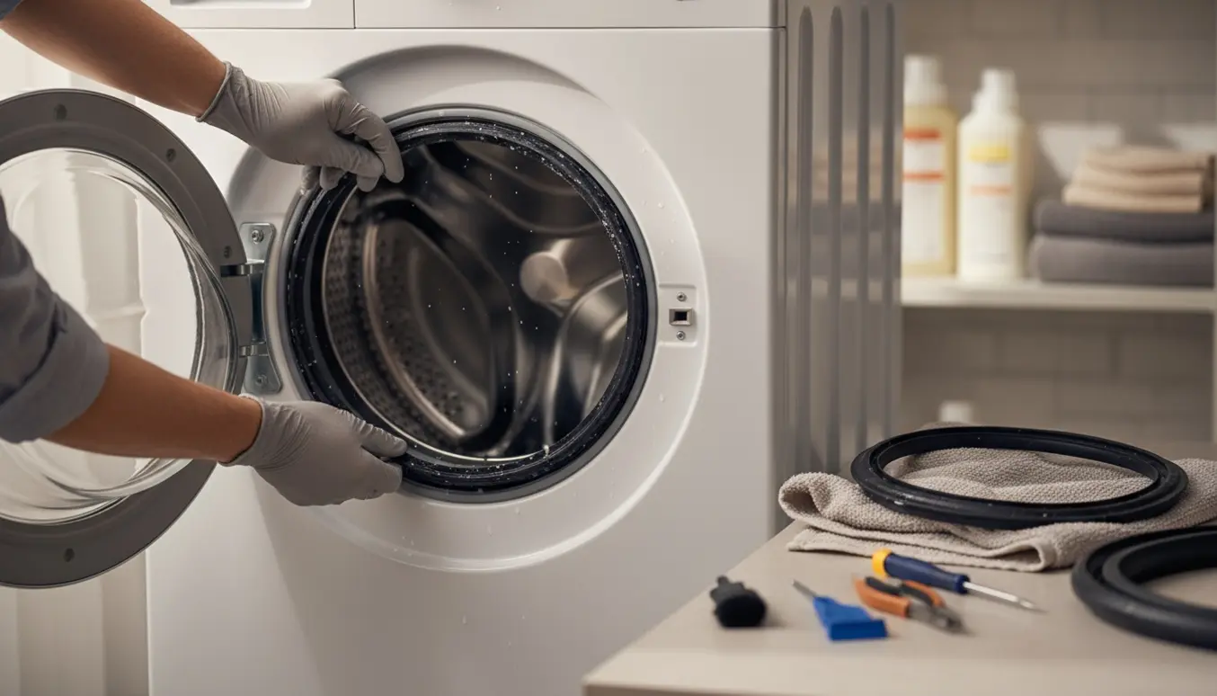 Hænder monterer en ny gummiring i en åben frontbetjent vaskemaskine med værktøj ved siden af.