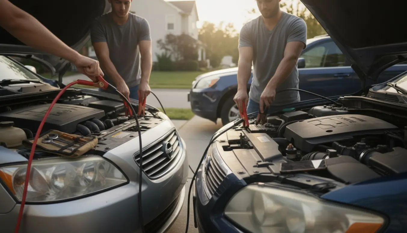 To par hænder forbinder startkabler til et bilbatteri på en stille indkørsel.