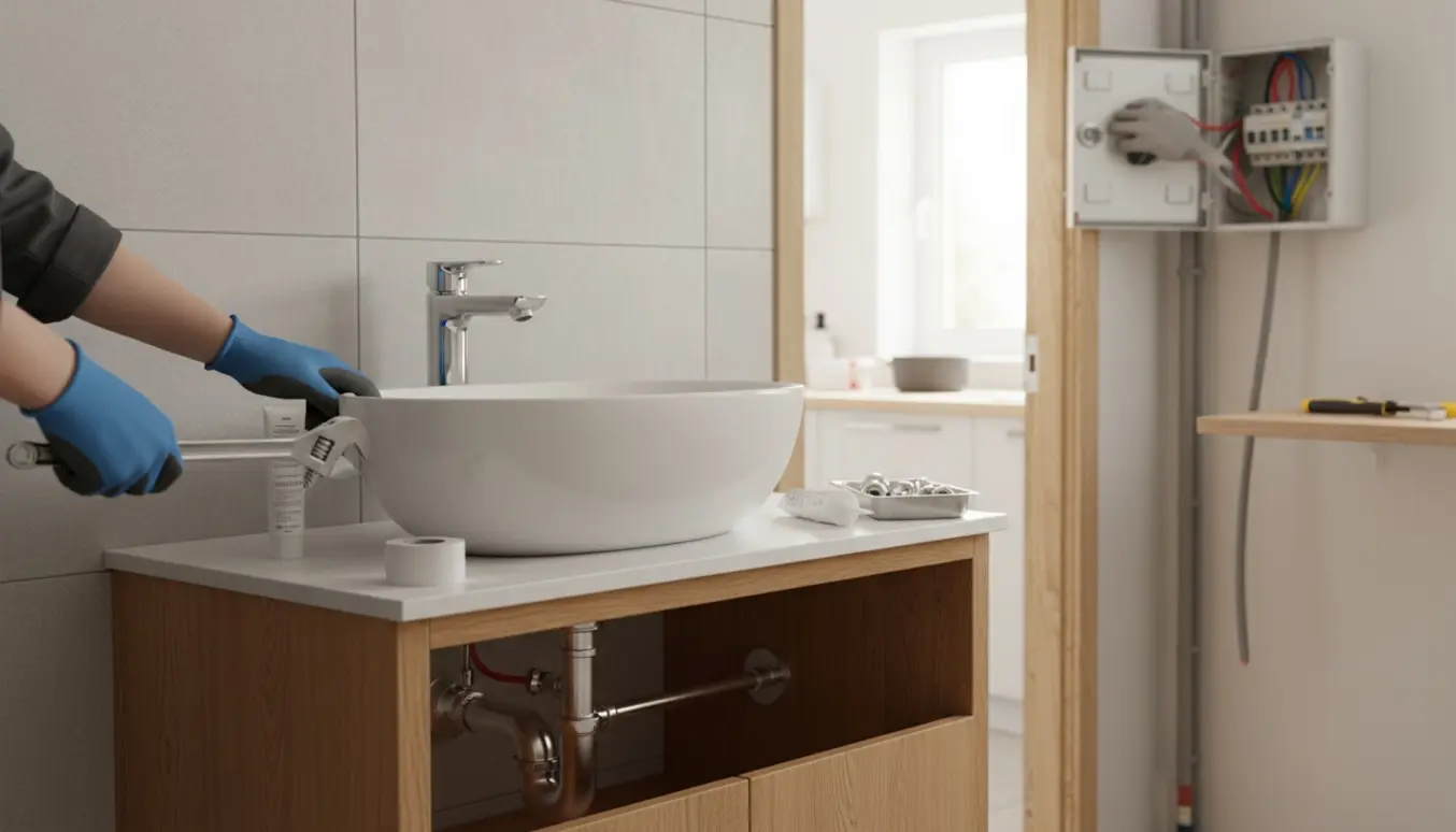 Nærbillede af håndværkerhænder, der monterer et badeværelsesmøbel med vask, mens en elektriker arbejder på en ny el‑gruppe i køkkenet.
