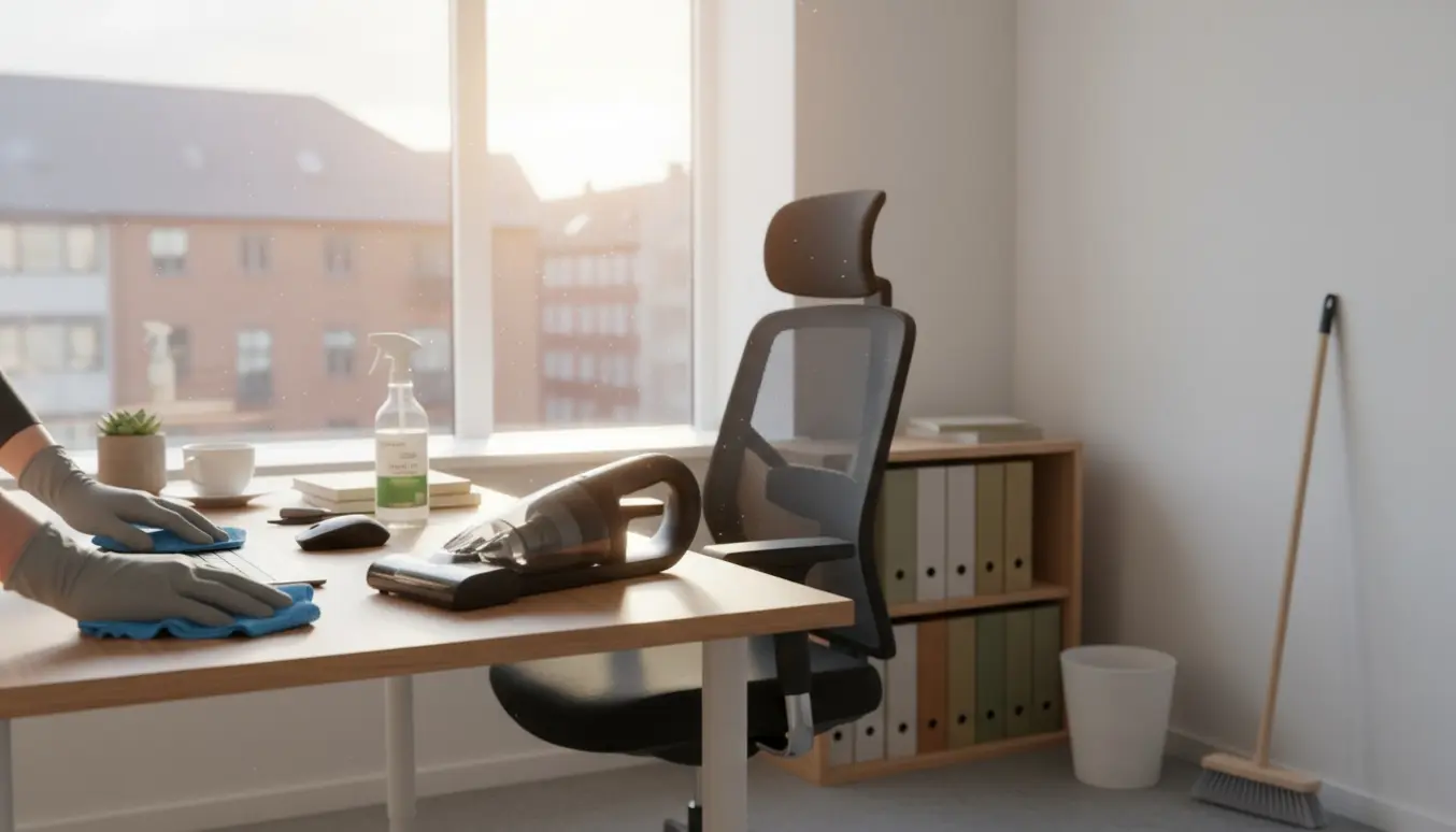 Hænder tørrer et lille kontorbord af med mikrofiberklud i et lyst kontor nær vinduet i Aarhus C.