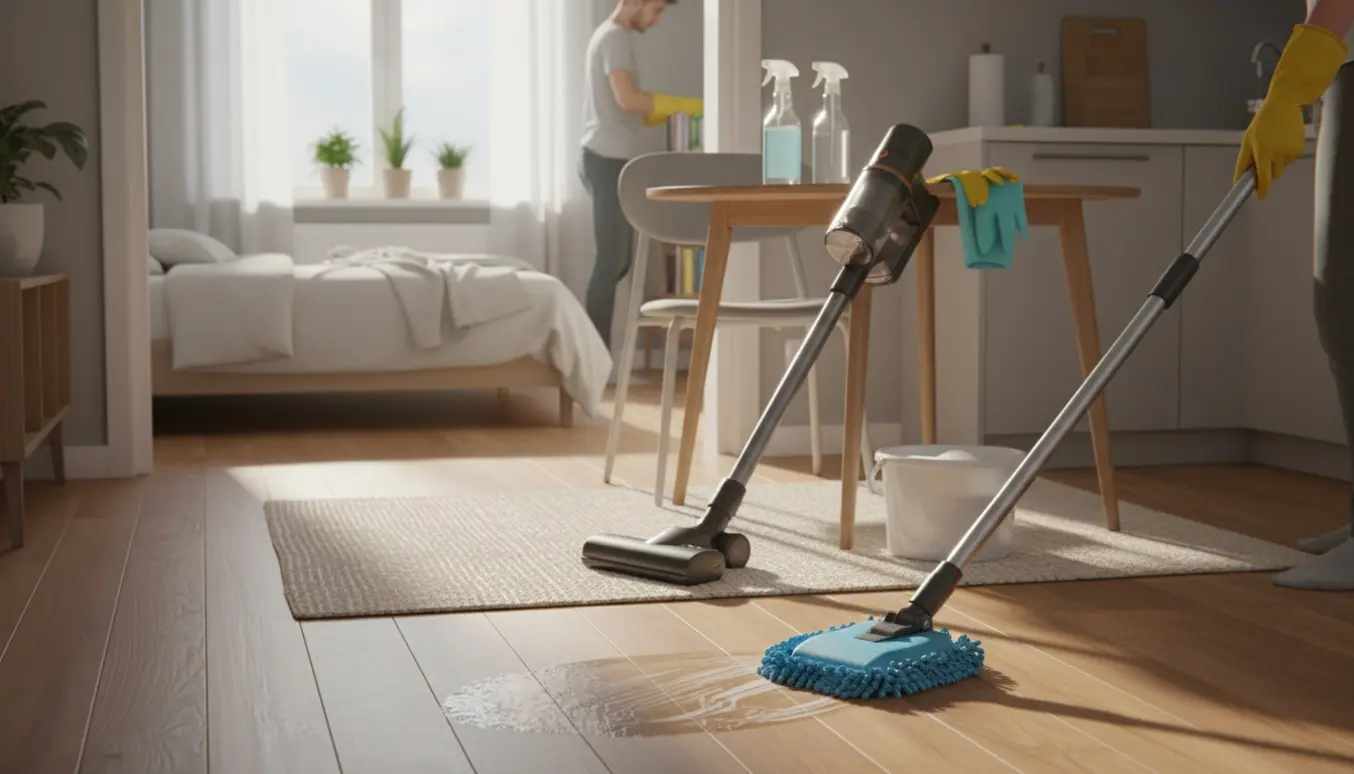 Solfyldt toværelses lejlighed under rengøring med moppe, støvsuger og rengøringsmidler.