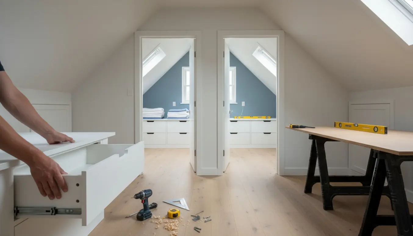 Hænder trækker en indbygget skuffe ud under en skrå væg på førstesalen, med værktøj og materialer omkring.