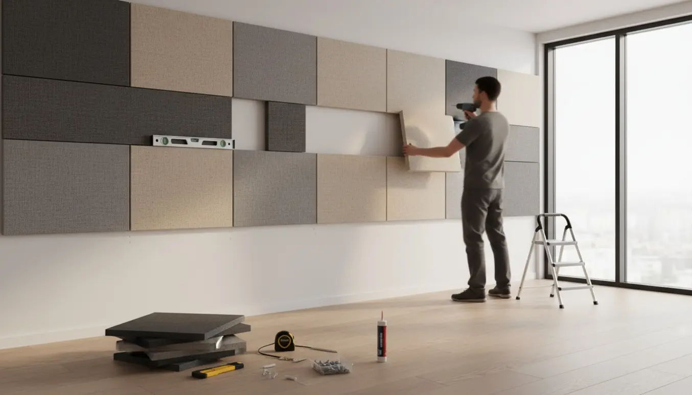 Installation af akustikpaneler langs en væg i et lyst hjemmekontor med værktøj og materialer klar.