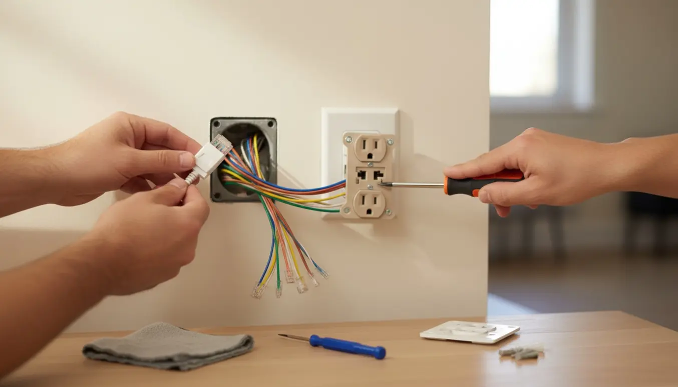 Nærbillede af hænder, der skifter Ethernet-stik i et vægudtag og fastgør en løs stikkontakt med værktøj.